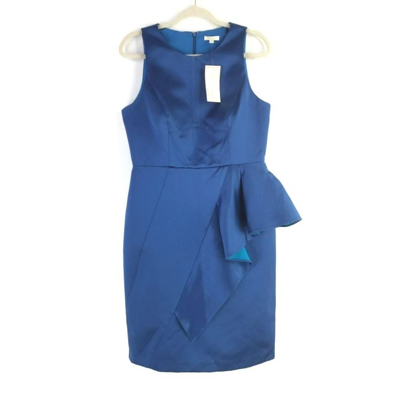 Shoshanna Elisa Dress Sz 10 Blue Satin Sheath Ruffle Cocktail Wedding Guest Nwt — image 2 of 8